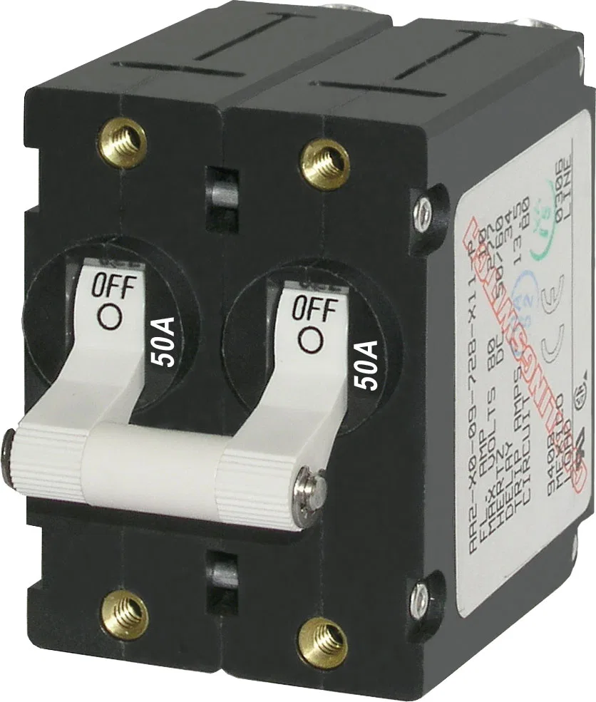 7242-BSS – BLUE SEA Circuit Breaker, 50 Amps/ 120/ 240 Volt AC/ 65 Volt DC White Double Pole Magnetic Hydraulic Type ...